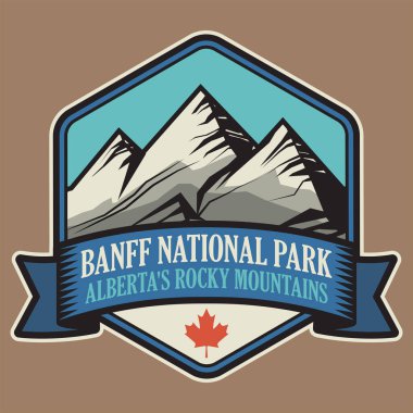 Banff Ulusal Parkı, Alberta, Kanada, vektör illüstrasyonu soyut pulu veya amblemi