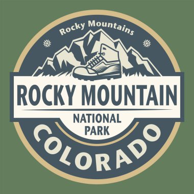 Colorado 'daki Rocky Dağı Ulusal Parkı adı altında soyut pul veya amblem, vektör çizimi