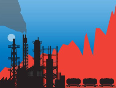Yakıt kaynakları için yükselen fiyatlar. Fiyat grafiği ve vektör illüstrasyonlu petrol fabrikası