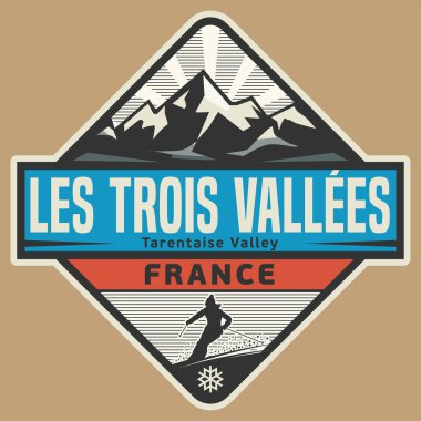 Fransa, Les Trois Vallees, vektör illüstrasyonlu soyut damga ya da amblem