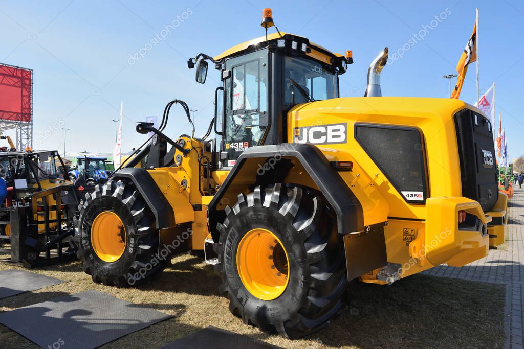 Kaunas, Lithuania - March 31, 2022: JCB 435S wheel loader vehicle at International Agricultural Exhibition in Kaunas, Lithuania.