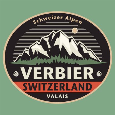 İsviçre, Verbier adı altında soyut pul veya amblem, vektör illüstrasyonu