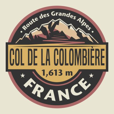 Fransa 'da Col de la Colombiere Yolu, Grandes Alpleri Rotası vektör illüstrasyonuyla soyut pul veya amblem