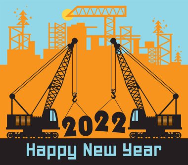Turnalar, inşaat güç makineleri, mutlu yıllar 2022 kartları, vektör illüstrasyonu.