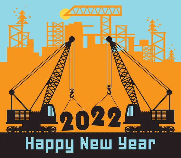 Turnalar, inşaat güç makineleri, mutlu yıllar 2022 kartları, vektör illüstrasyonu.