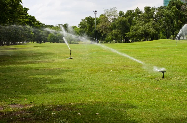 Water sprinkler hoofd spuiten nieuwe gras — Stockfoto