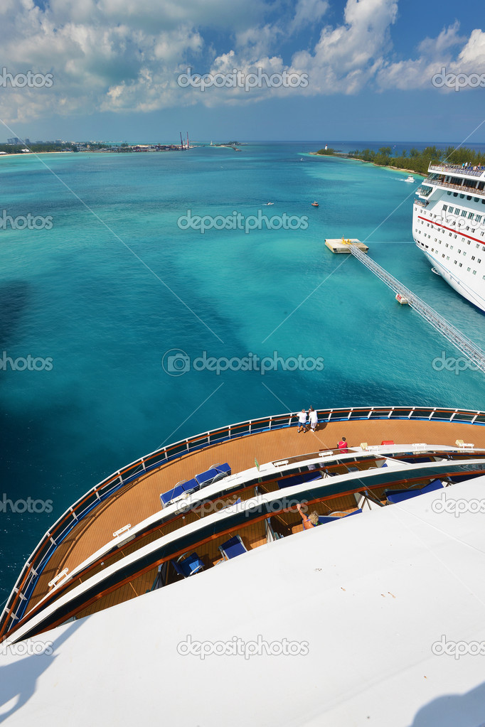 View from stern of big cruise ship