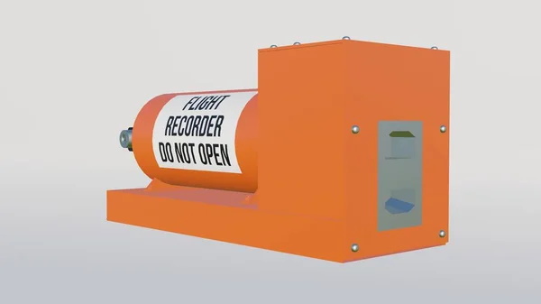 3D three-dimensional illustration black box orange parts of the plane crash is prohibited from opening the flight conversation recording Research material technology. Multi-sided model with text space