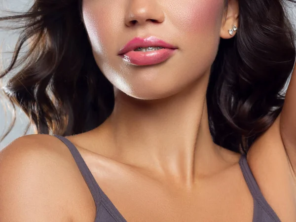 Close Maquiagem Lábio Perfeito Bela Boca Feminina Lábios Cheios Sensuais — Fotografia de Stock