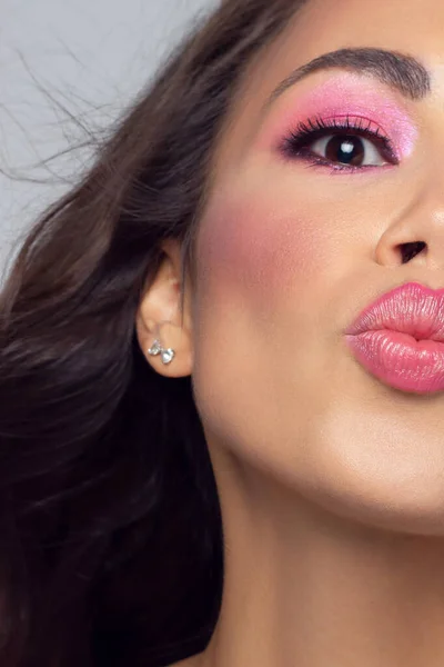 Half Face Young Sexy Woman Pink Lipstick Her Lips Black — Zdjęcie stockowe
