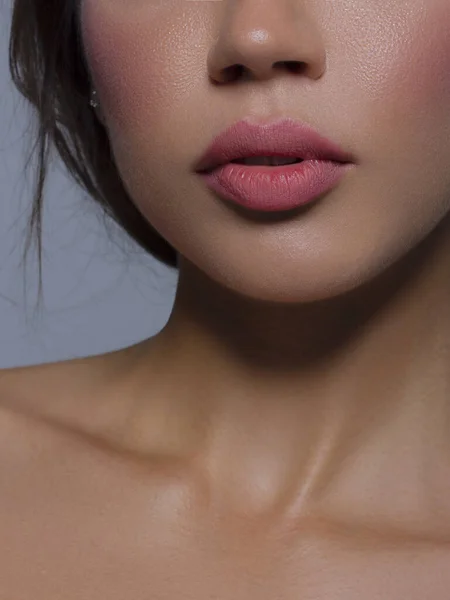 化妆品 化妆品和趋势 唇上有光泽和口红 用天然唇妆容把美丽的女性嘴捂住 漂亮的女性脸 自然光下完美洁净的肌肤 — 图库照片