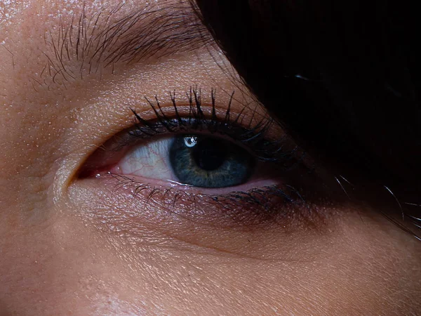 Detailní Záběr Oka Modré Žena Krásnou Hnědou Make Smokey Oči — Stock fotografie