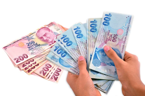 Turkish lira held on a white background — Stock Photo, Image