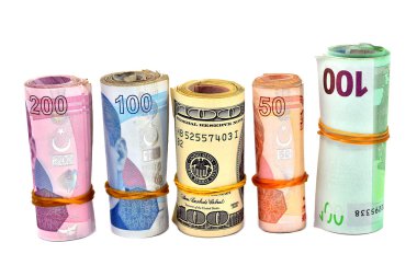 Beyaz arka plan çeşitli Türk Lirası ve Doları