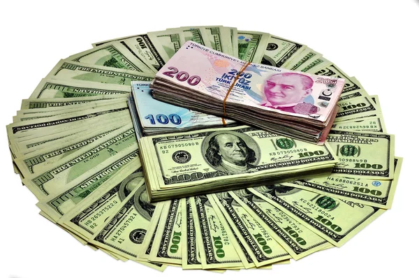 Сотень і двісті Турецька грошей і долара на білий фонової м — стокове фото