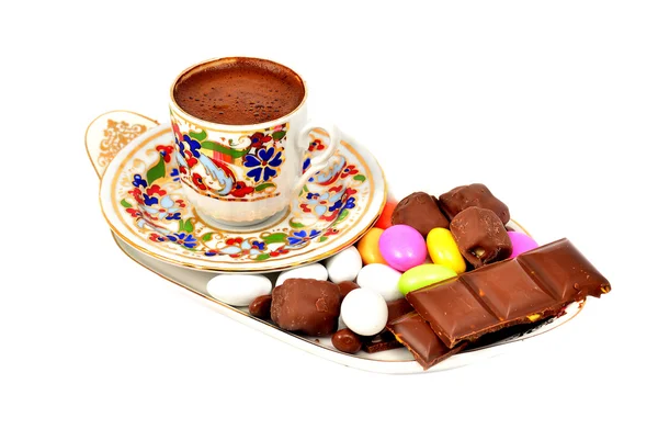 A cup of Turkish coffee with chocolate, on white background — Stock Photo, Image