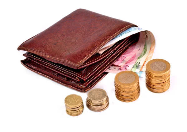 Dinheiro turco e carteira em fundo branco — Fotografia de Stock