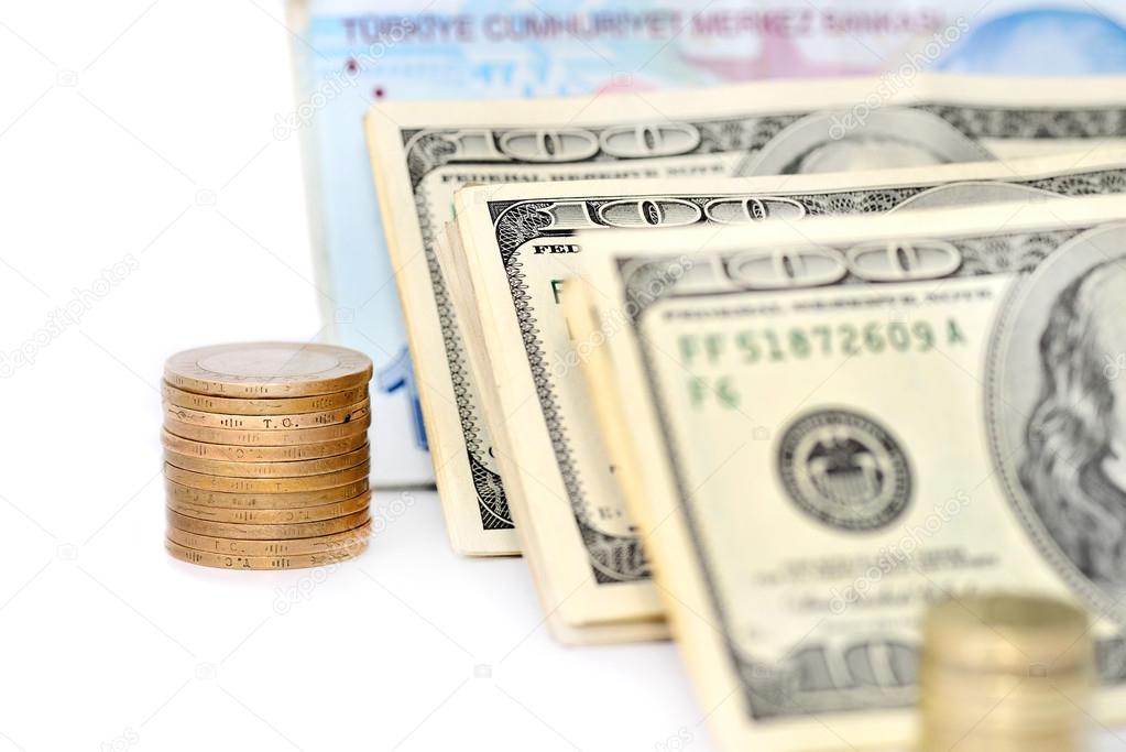 turkish coins and dollar banknote on white background