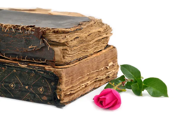 Τριαντάφυλλα δίπλα από τα παλιά βιβλία απομονωθεί — Φωτογραφία Αρχείου
