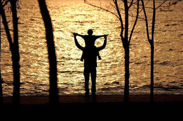 Fericit tată și fiu rătăcind pe coasta mării — Fotografie, imagine de stoc