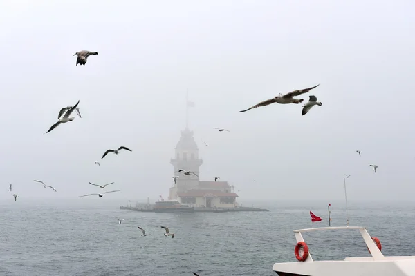 Maiden 's Tower in foggy morning Istanbul, Turkey — стоковое фото