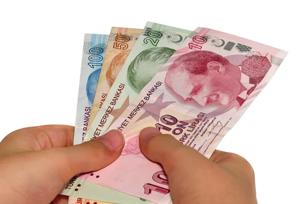 Turkish lira held on a white background — Stock Photo, Image