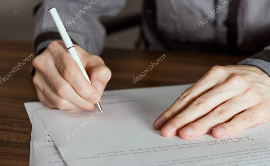 Business Man Pen White Envelope Wooden Table