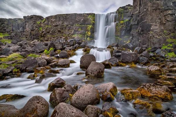 Waterfall Xararfoss Thingvellir National Park Iceland Long Time Exposure — Foto Stock