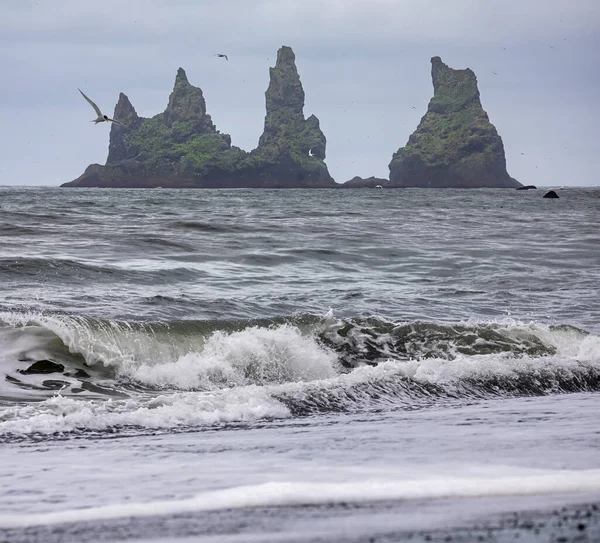 Formación Rocosa Reynisdrangar Playa Arena Negra Cerca Vik Myrdal Iceland — Foto de Stock