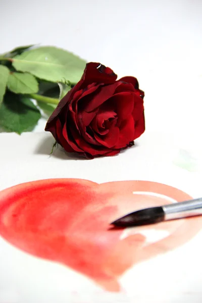 Målade alla hjärtans hjärta och vacker ros — Stockfoto