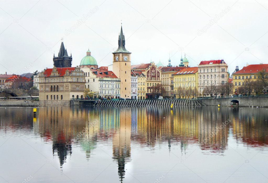 Prague buildings with the reflections in Vltava river