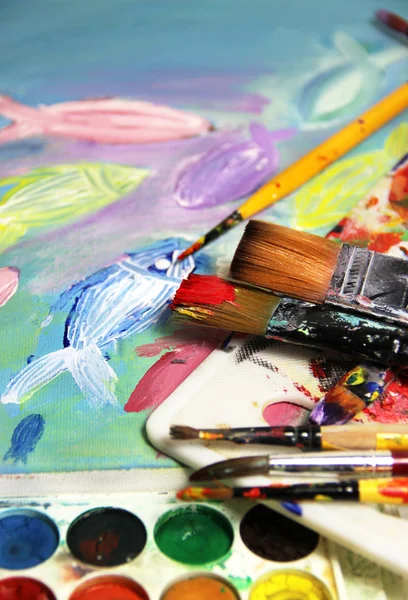 Art palette, picture and mix of paintbrushes — Stock Photo, Image