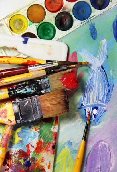 Art palette, picture and mix of paintbrushes — Stock Photo, Image