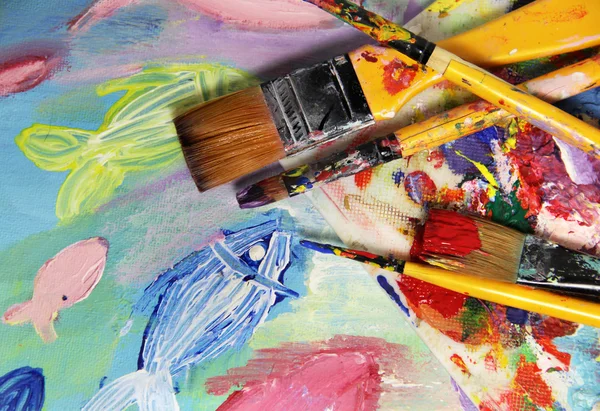 Art palette, picture and mix of paintbrushes — Stock Photo, Image