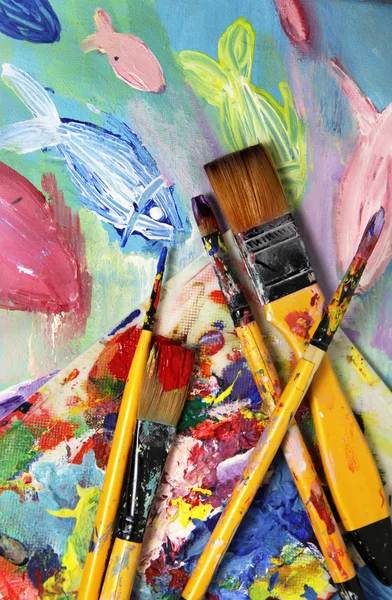 Art palette, picture and mix of paintbrushes — Stock Photo, Image