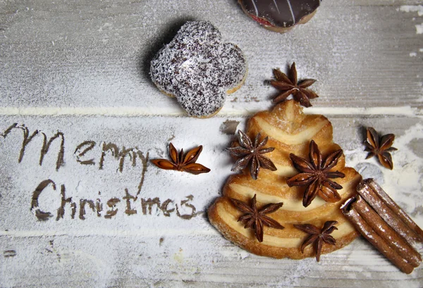 Merry Christmas and cookie fir-tree — Stock Photo, Image