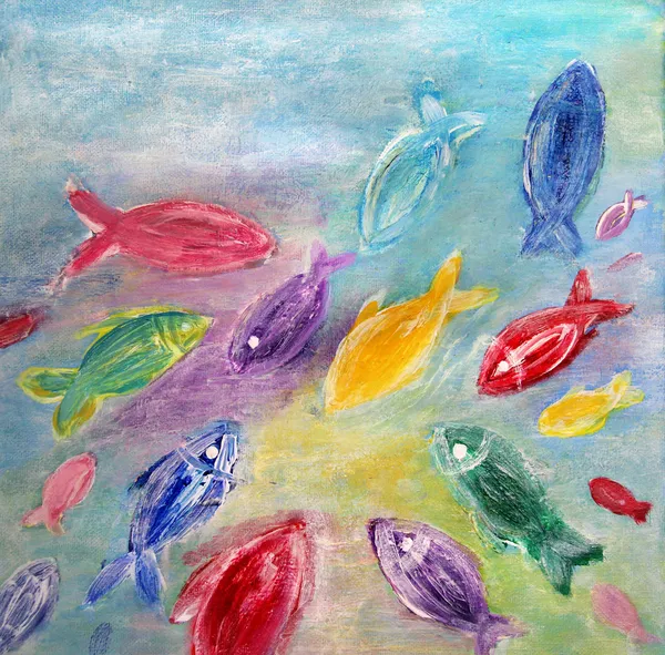 Beautiful painting with vivid multicolored fishes — Stock Photo, Image