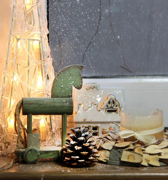 Mélange Décorations Noël Avec Cheval Bois Lumières — Photo