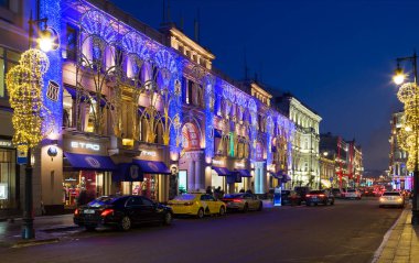 Moscow, Russia - December 29, 2021: Petrovsky Passage store during the New Year holidays. This store, located on Petrovka Street in the center of Moscow, is an architectural monument of federal significance.