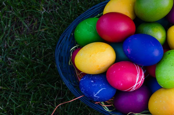 Coloridos huevos de Pascua en la cesta en el prado —  Fotos de Stock