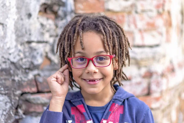 Close Portrait Cute African American Boy Eyeglass — Stok Foto
