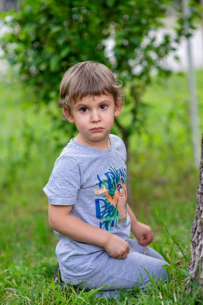 Litet Barn Sitter Gräset Sorgligt Ansiktsuttryck — Stockfoto