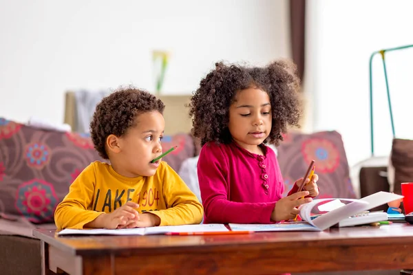 Two Afro American Kids Sititng Home Drawing Writing Reading Siblings — Stock fotografie