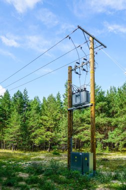 Kırsal alanda elektrik transformatörlü yeni modern ahşap düşük voltajlı elektrik hattı direği