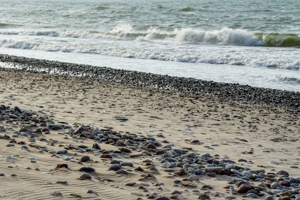 砂の海の海岸線に小石が集中し — ストック写真
