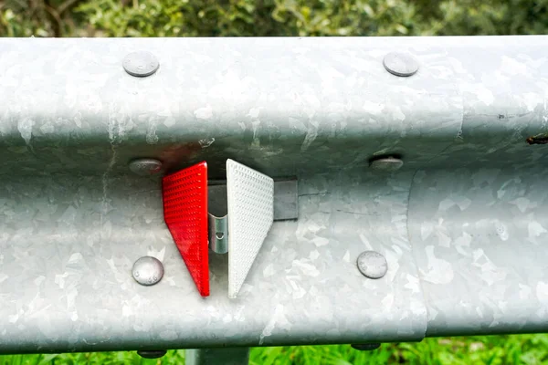 Closeup Profiled Metal Roadside Barrier Red White Reflector — Stock Photo, Image