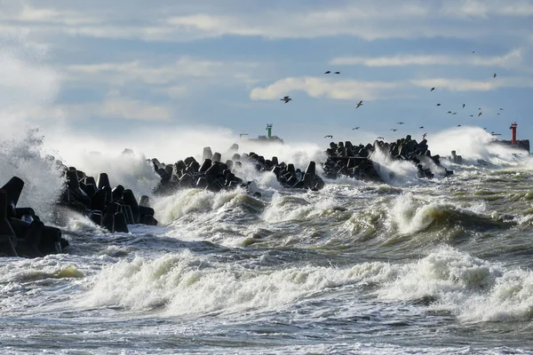 バルト海の港の防波堤を突破する大きな波 — ストック写真