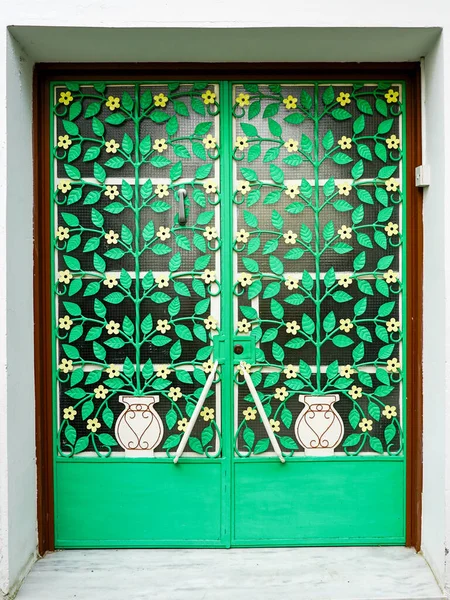 Зеленый Дом Наружная Дверь Красивым Дизайном Металлические Кованые Украшения Виде — стоковое фото