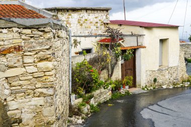 Kıbrıs 'ta eski bir dağ köyünde yeşil bitkiler ve saksılarla romantik ve cennet gibi bir cadde