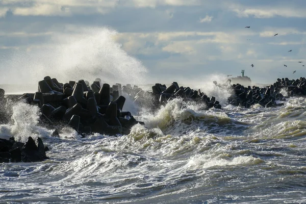 バルト海沿岸の嵐 港の入り口のコンクリート防波堤に対する大きな波の衝突 — ストック写真